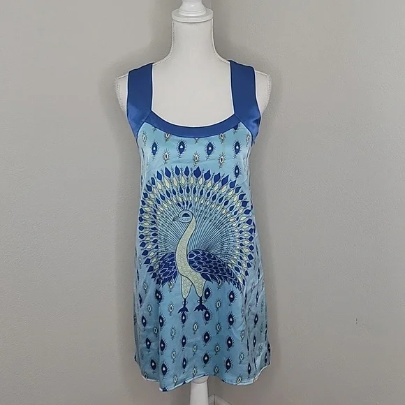 Voom by Joy Han Blue Peacock  Silk Tank Style Dress - Picture 1 of 15